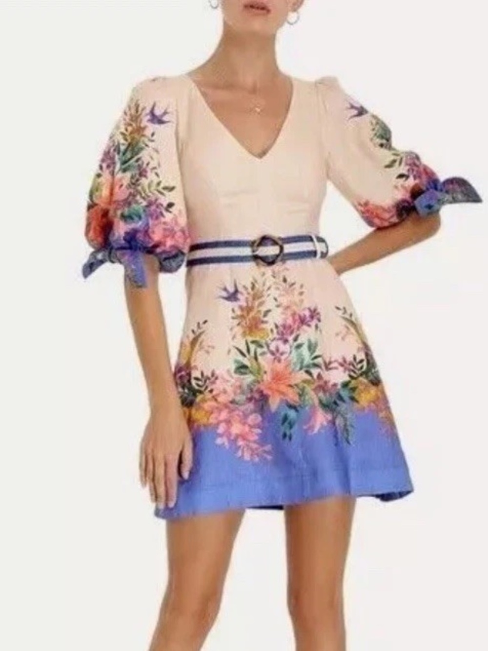 Zimmermann Dress Size 0 AU / US 2 Tropicana Tie Sleeve Mini Floral Linen Belted
